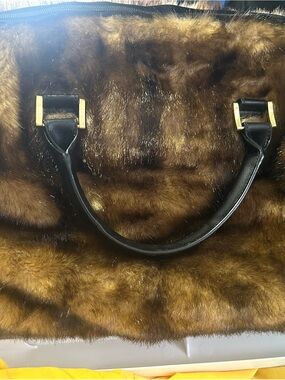 Faux Fur Travel Tote Bag in Brown with Black Handles